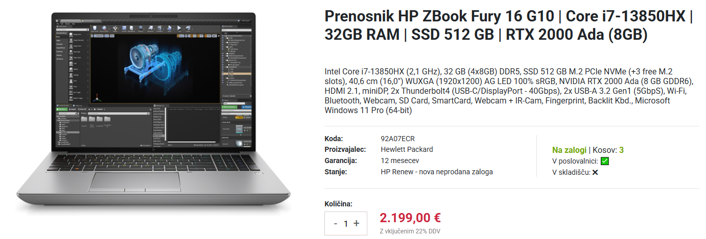 HP ZBook Fury G10 Mobilna delovna postaja prenosnik Prenosnik HP ZBook Fury za zahtevnejše poslovne prenosnike - screenshot izdelka iz spletne trgovine